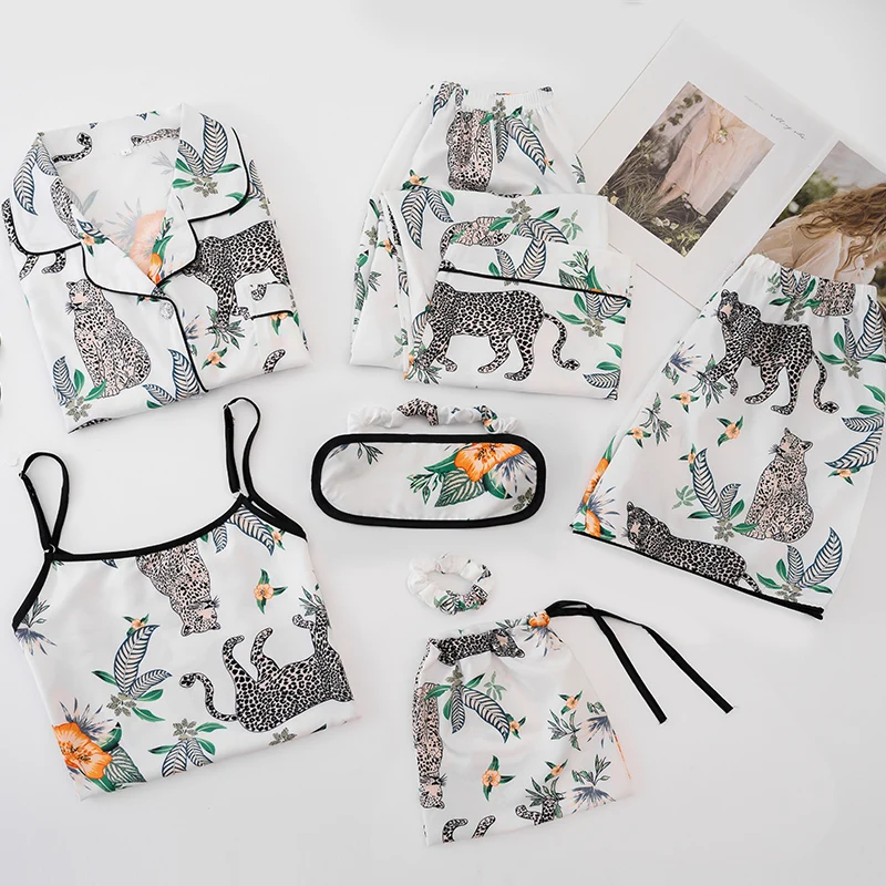 

7pcs Women Pajamas Set Cotton Autumn Winter Homewear Suit Spring Summer Girls Sexy Pijama Tracksuit Elegant Female Loungewear