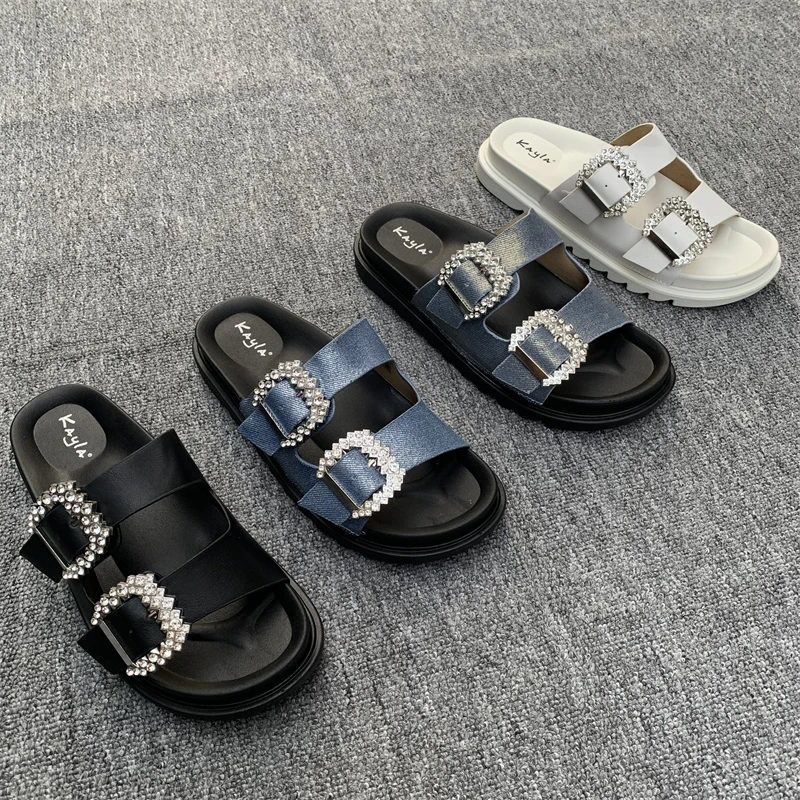 Płaskie buty Damskie kapcie Casual Glitter Slides Med Luxury Jelly Soft Summer Leisure Fashion Crystal Rubber PU Shoes Slippers C