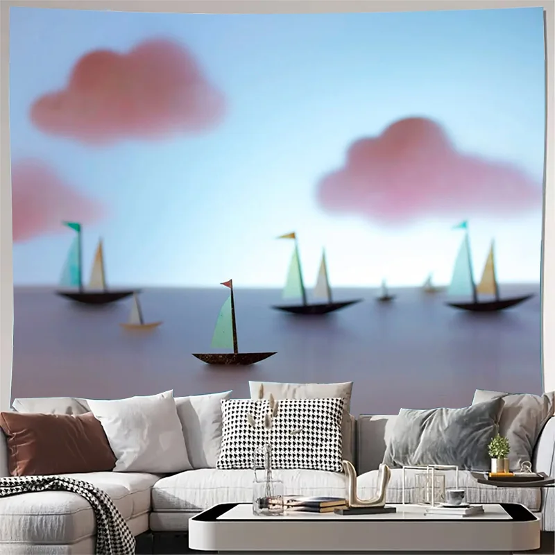 Colorful Mini Sailboats on Calm Sea with Pink Clouds Tapestry Machine Washable All Season Decor Home Durable materials non-toxic