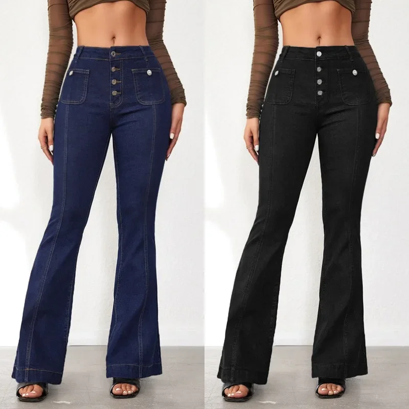 Jean évasé taille haute pour femme, pantalon en denim, coupe slim, poches vintage, boutons, basique, longueur rinçage, fjSolid, denim décontracté, 2024