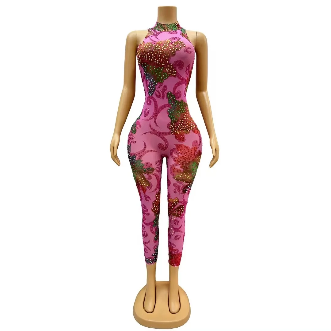 

Sexy Colorful Rhinestones Flowers BrownTransparent Jumpsuit Birthday CelebrateEvening Costume Sleeveless Bodvsuitcaihua C199