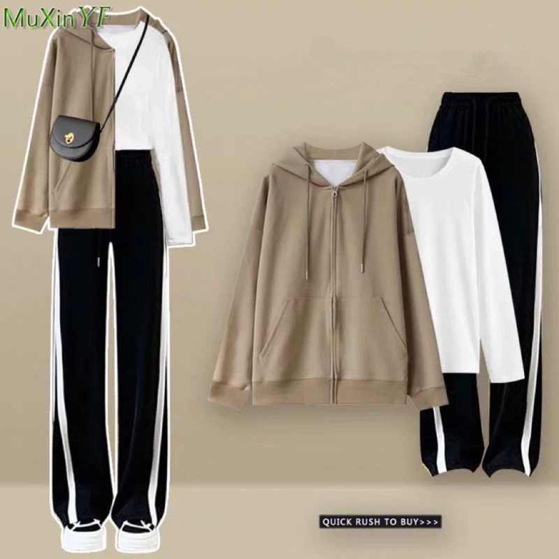 Women Spring Autumn Hooded Sweatshirt T Shirt Pants 1 or 3 Piece Set Korean Lady Casual Sports Coats White Tops Trousers Outfits