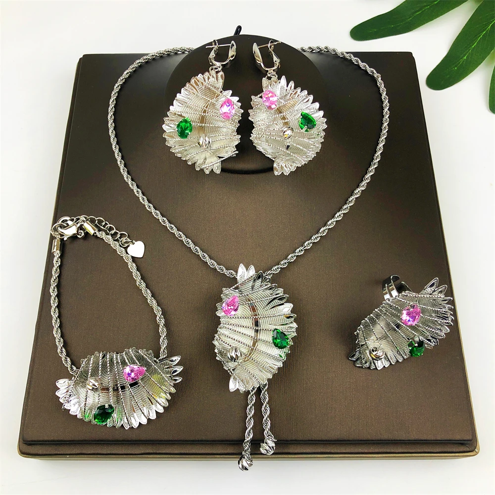 Unique Silver Color Jewelry Set Fashion Necklace Earrings Cuff Bracelet Ring Brazilian 4PCS Jewelry Women Wedding Gift ﻿