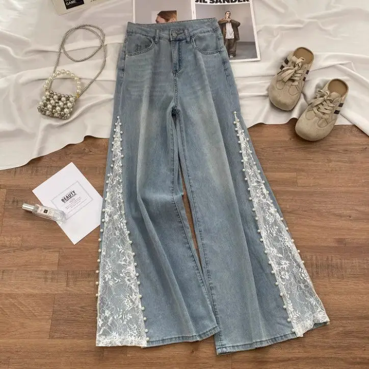 

Large Size Pearl Lace Splicing Jeans Men's Loose Straight Leg Long Pants Spring Autumn New Sle Casual Wear Resistant