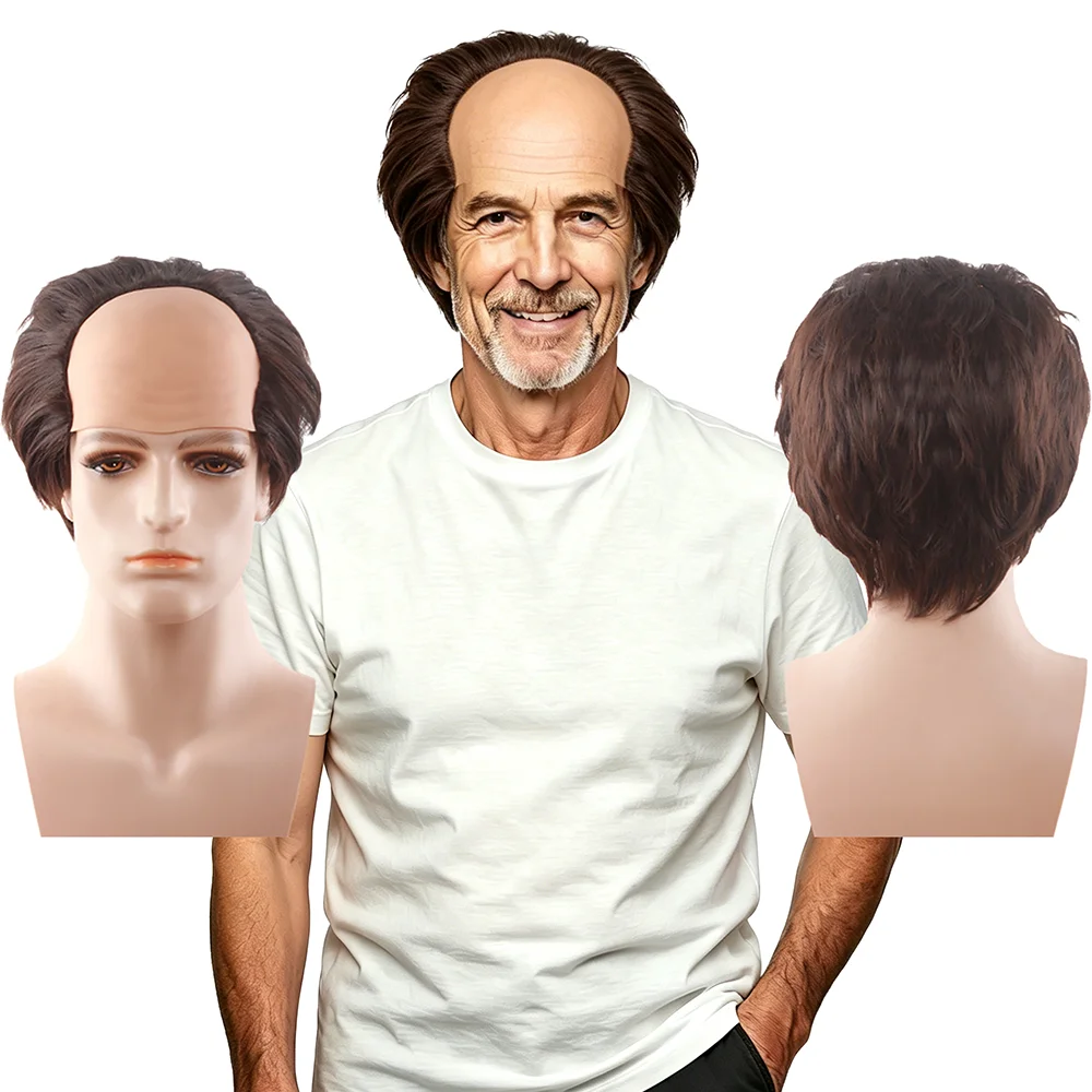 Dark Brown Bald Old Man Wig All-in-One Realistic Tan Simulated Scalp Short Straight Wig For Men Funny Cosplay Halloween Party