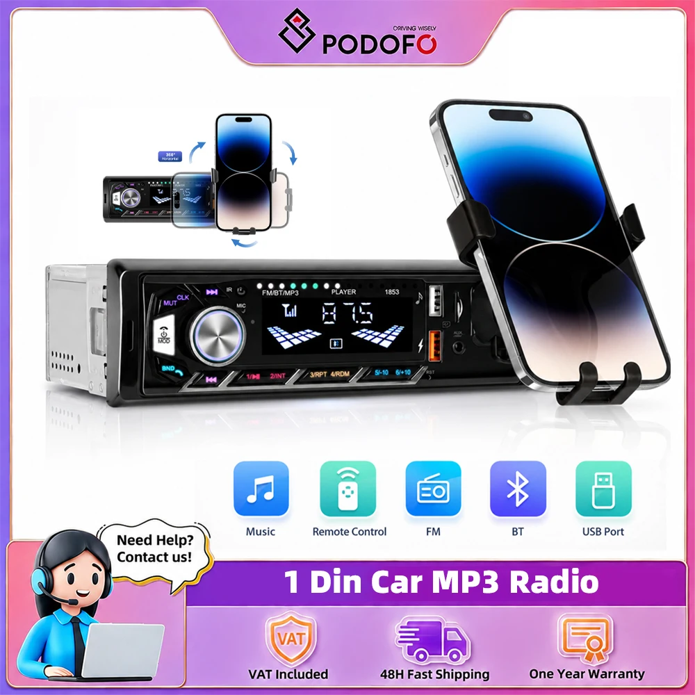 Podofo 1Din Autoradio In-Dash Universal Auto-MP3-Player HD-Bildschirm Intelligente Fahrsysteme 12V USB SD BT AUX Headunit mit Farbiger Hintergrundbeleuchtung/Fernbedienung