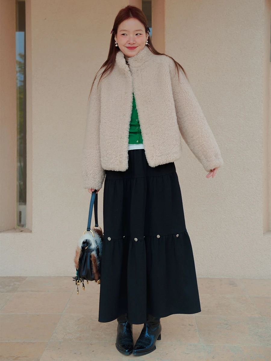 

High Waist Bla A-Line Midi Skirt Retro Versatile Women's Faion Spring 2024 Button Detail Cotton Blend Polyester Spandex