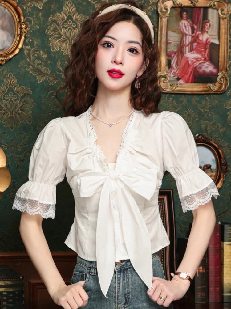 Fashion Elegant Shirts V Neck Puff Sleeve Crop Tops Solid Color Bow Lace Patchwork Blouses Summer Female Slim Women\'s Clothing