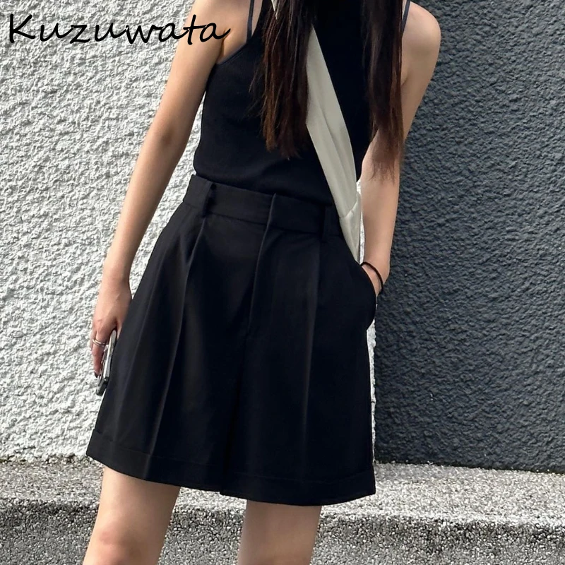 Kuzuwata Fashion High Waist Woman Pants Casual Straight Soft Loose Shorts Japan Early Autumn Ruched Notched Shorts for Women