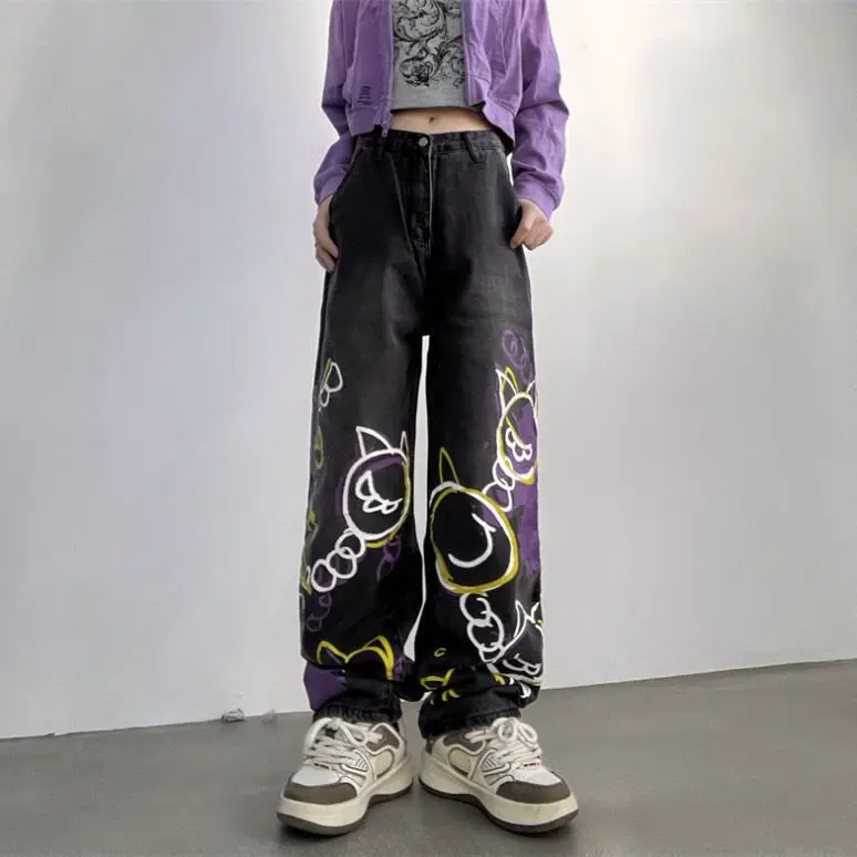 

New Graffiti Jeans for Ins High Waist Slim Trend Versatile Loose Straight Leg Wide Leg Casual Pants for Women