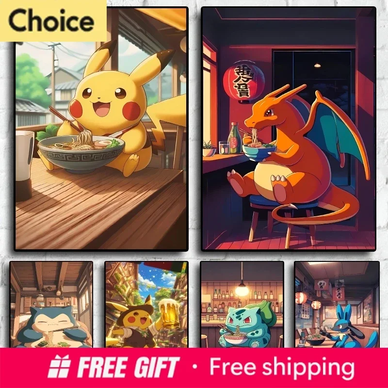 Poster Diamant HD 2026 Classique Pokémon Pikachu Charizard Mangeant de la Nourriture Personnages d'Anime Peinture Décoration Murale Maison Restaurant