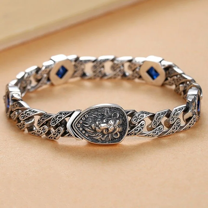 Men Retro Arabic Style Lion Bracelet With Square Blue Zircon, Vine Texture Fashion Personality Wrist Jewelry