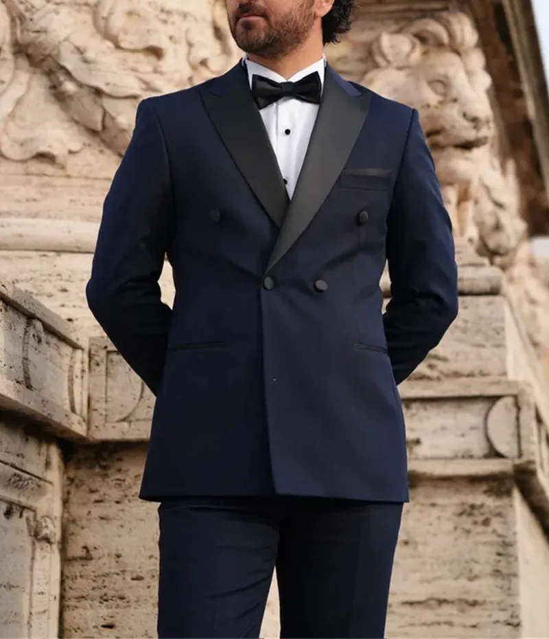 Navy Blue Tuxedo Suit for Men 2 Pieces Satin Lapel Elegant Slim Fit Design Double Breasted Men's Suits (Blazer+Pants)