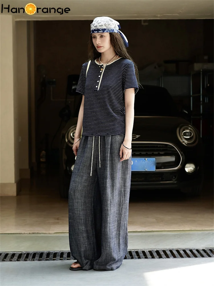 HanOrange 2025 Summer Splicing Linen Casual Pants Women Retro Drip Dry Breathable Trousers Black Gray