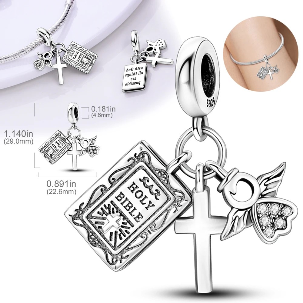 925 Sterling Silver Bible Cross Pendant Fit Pandora Charms Silver 925 Original Bracelet for Jewelry Making