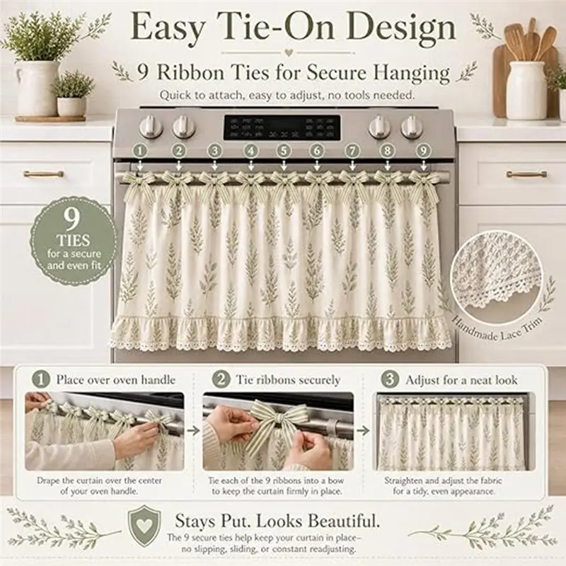 ABRU-Cotton Blend Stove Curtain With 9 Ribbon Ties, Farmhouse Style For Kitchen Decor, Oven Skirt& Lace Ruffle Trim