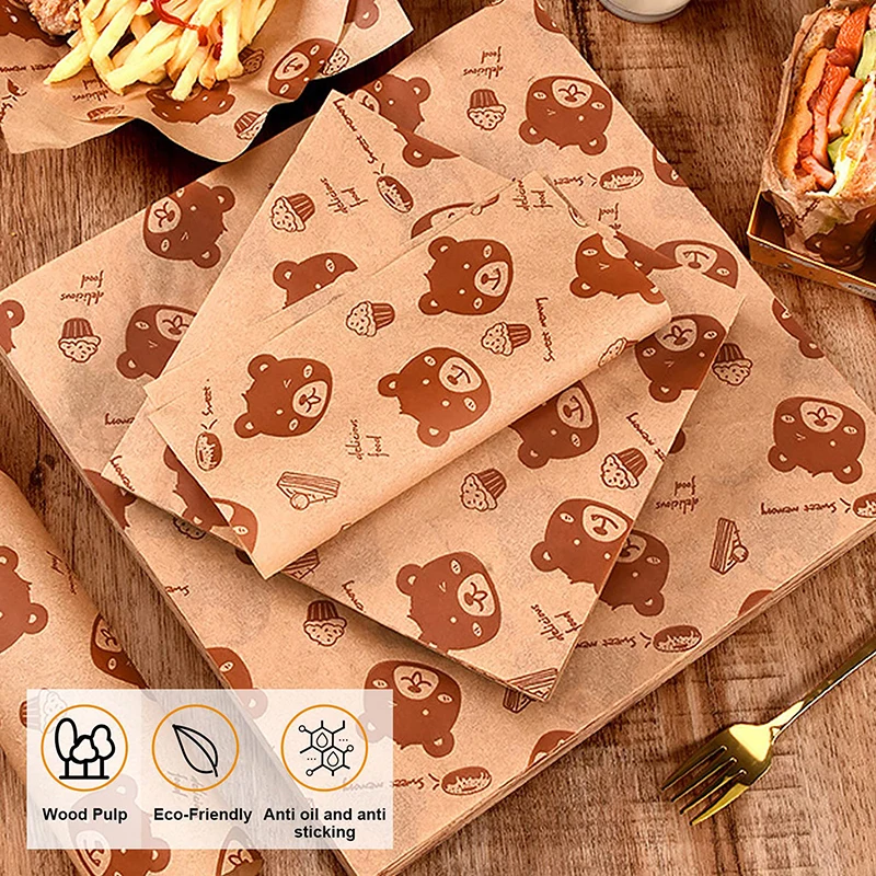 50pcs Sandwich Packaging Paper Cartoon Coated Wrapping Disposable Household Oil-proof Chicken Roll Breakfast Baking Kitchen Tool