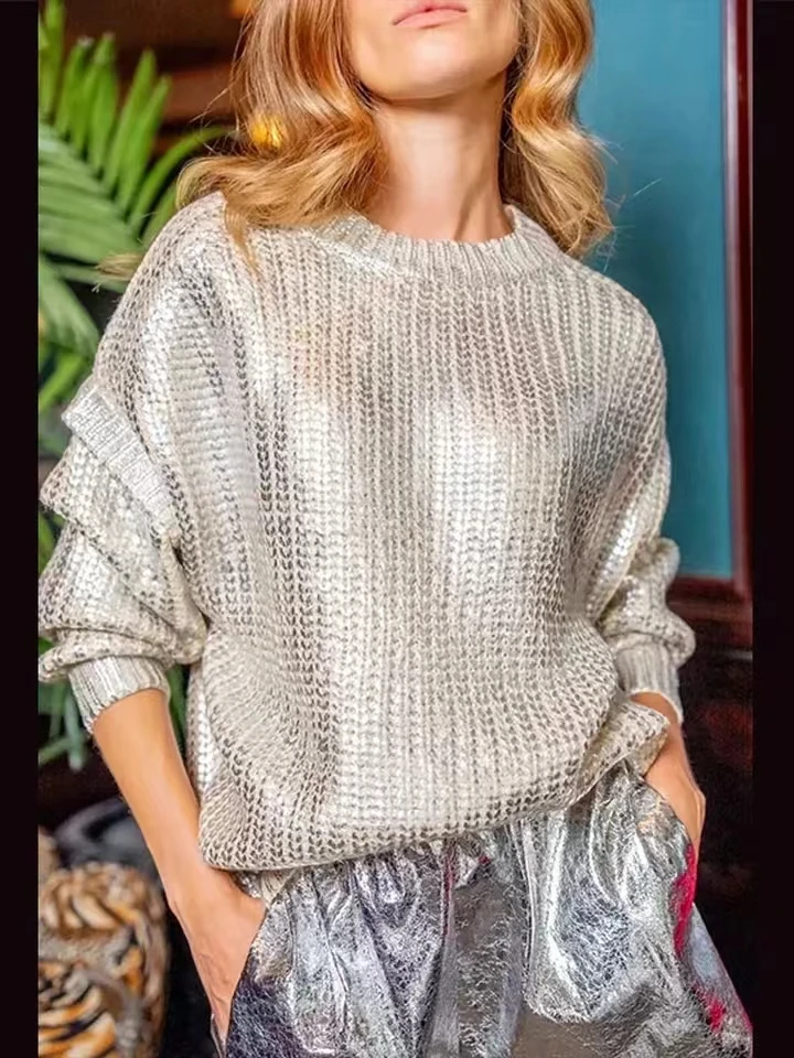 2024 Spring New Women\'s Retro Bronzing Silver Sweater Off Shoulder Long Sleeve Rib Knitted Pullover Knitted Sweater