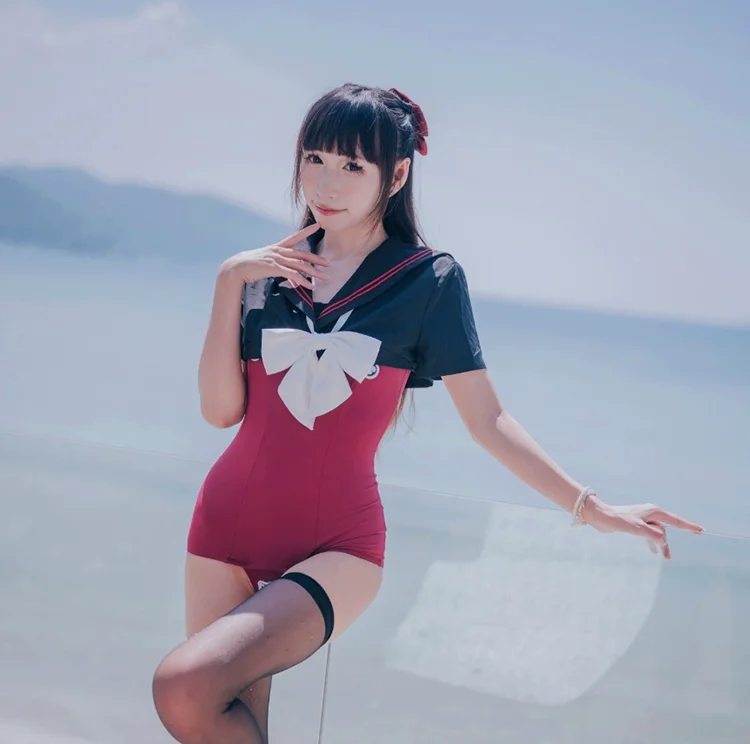 

2025 DirtyTech Japanese Red and Black OK Tight Uniform Swimsuit Sailor Suit Anime Cute jk College Style Two-Piece Suit High Leg