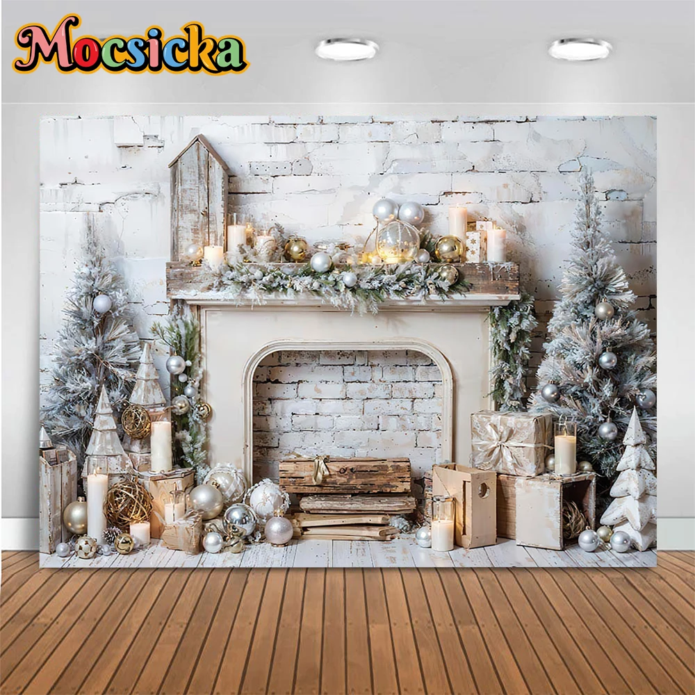 Fondo de chimenea blanca Retro para fotografía de navidad, regalos de árbol de Navidad, vela, pared de ladrillo, decoración de fiesta familiar de vacaciones