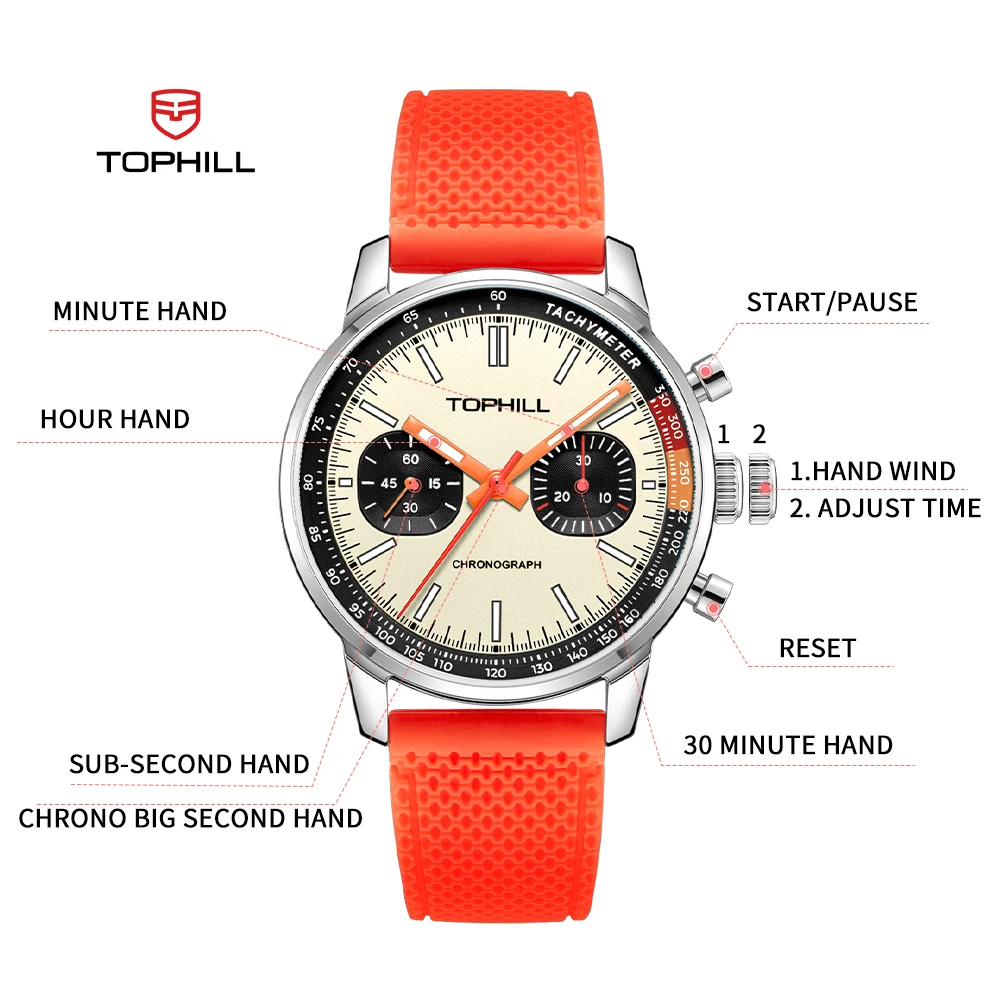 TOPHILL 1963 Pilot Watch with Seagull ST1901 Movement Wristwatch Mechanical Chronograph Sapphire Mirror Surface 50 Waterproof