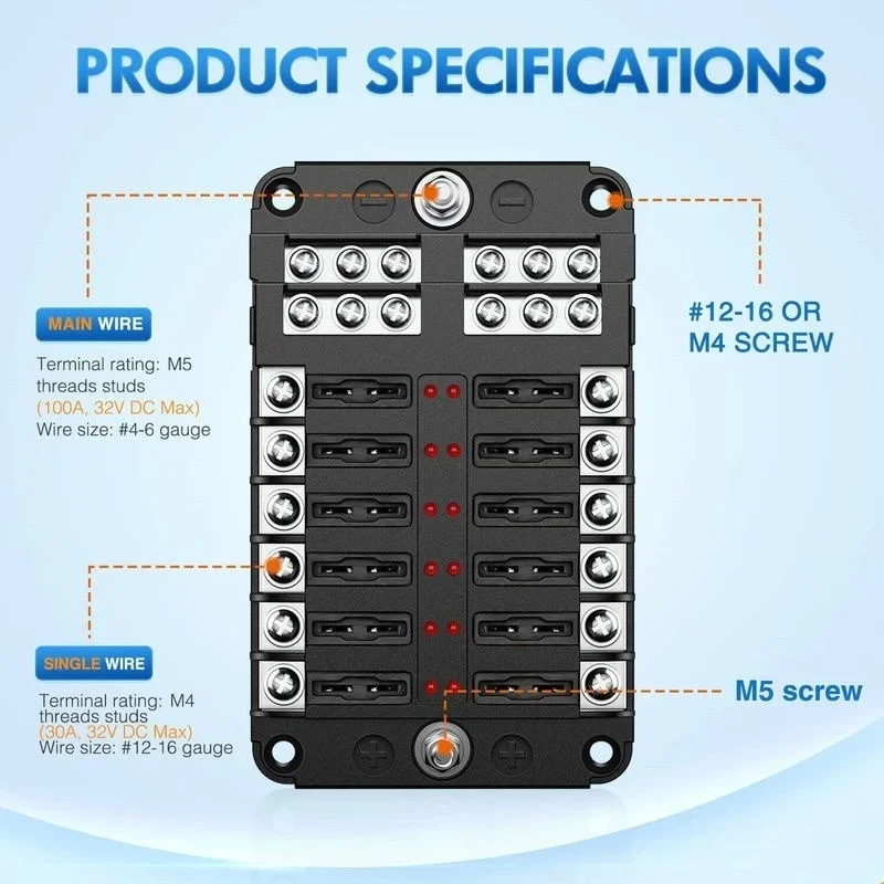 Car Boat Fuse Box Holder With 6 Way 12 Way Blade Fuse Holder Block & Warning Indicator 12V~32V Power Distribution Panel Board