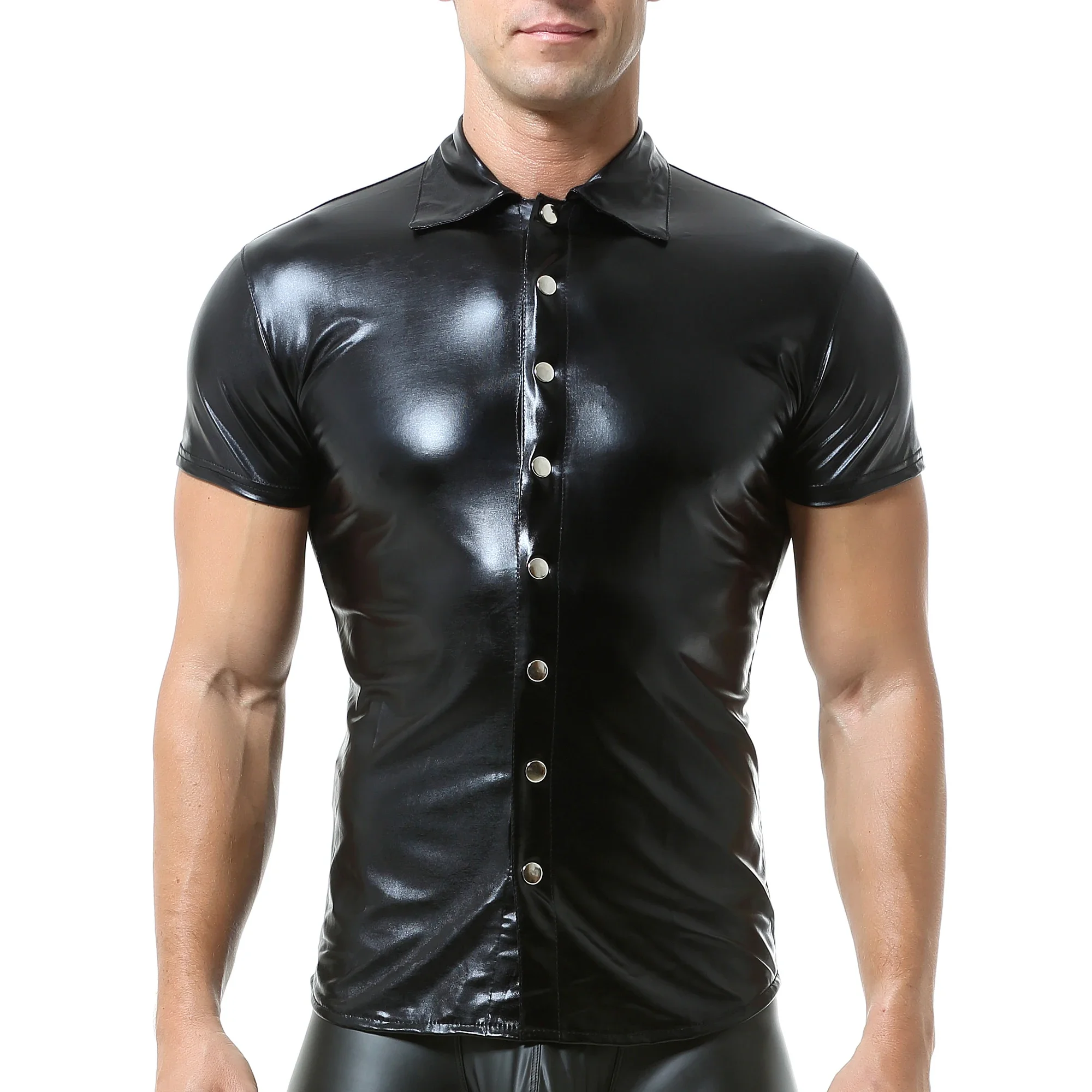 

Men's Sexy Skinny Leather Shirts Short Sleeve Fashion PU Leather T-Shirts Male Turn Down Collar Button Shirt Stage Show Costume