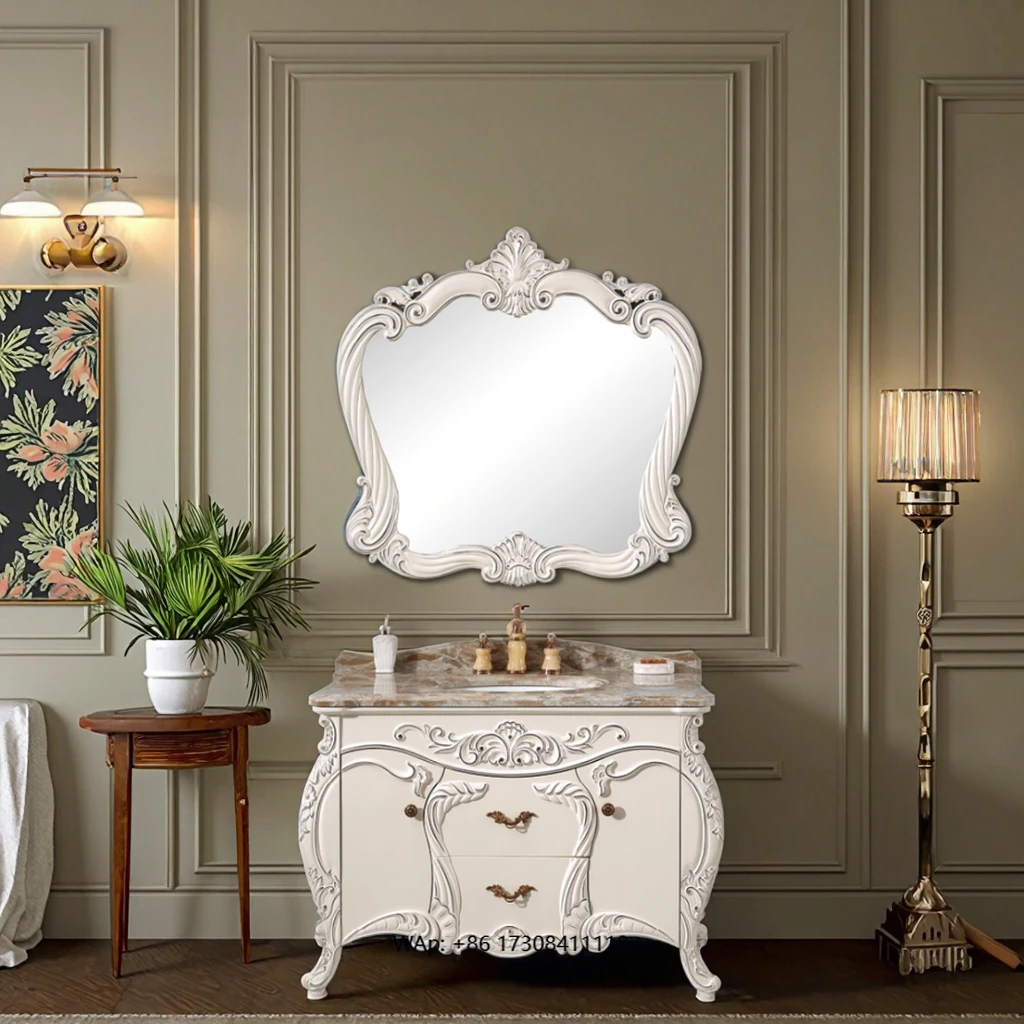 European Classic Antique Design Bathroom Vanities Solid Wood Furniture with Marble Stone Cabinets for Hotels and Villas