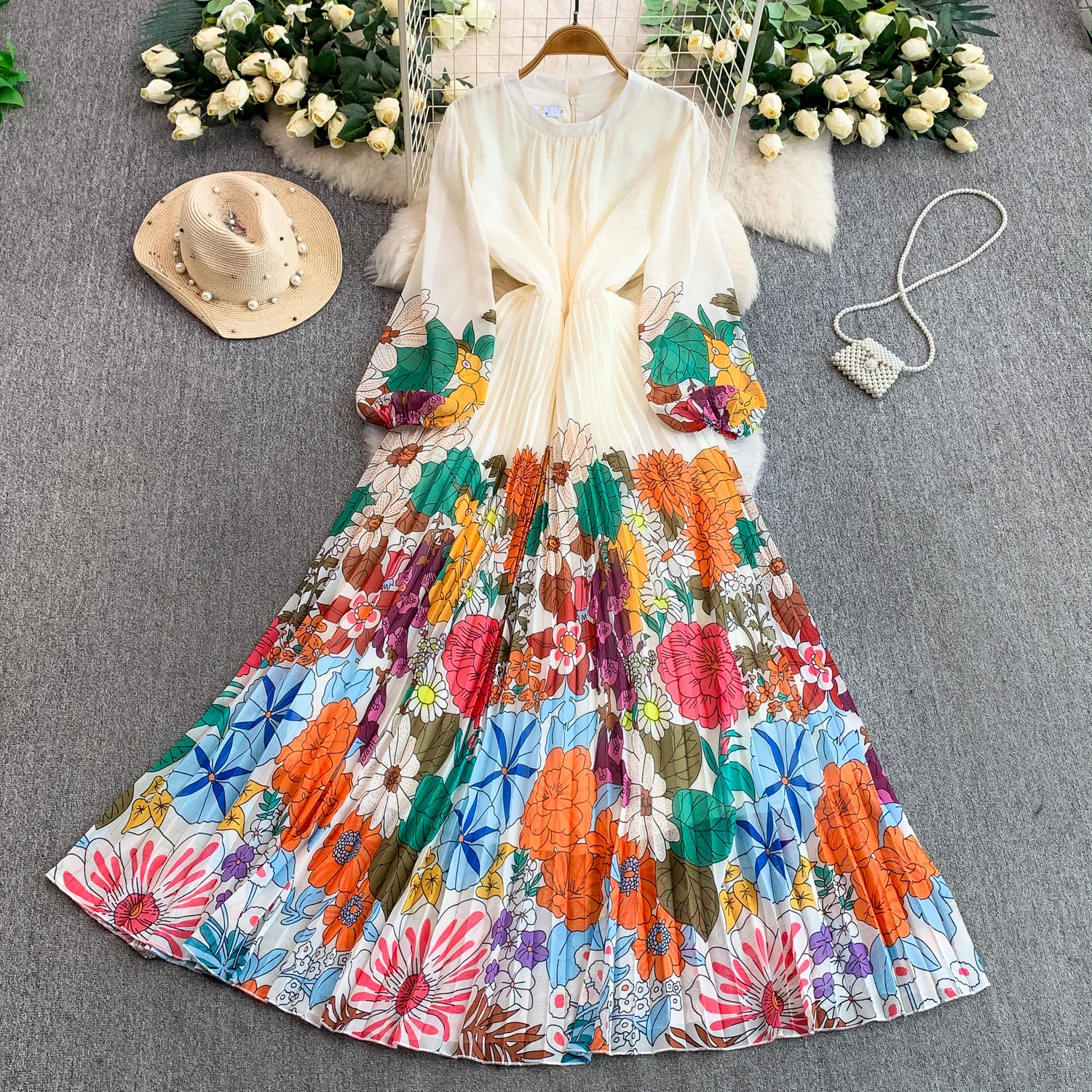 Französisch Vintage Elegante laterne hülse Geraffte A-line Kleid Mode Herbst Vestidos Frauen Kleider