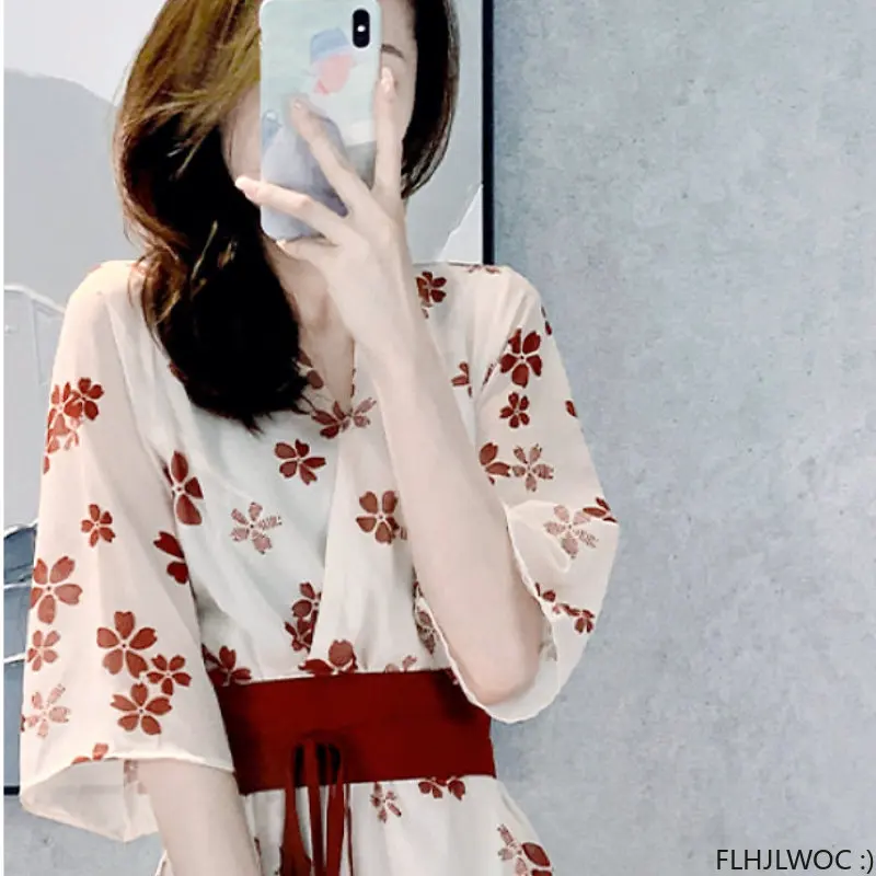Urlaub Robe Kleider 2023 Sommer Chinesisch Japan Retro Blume Blumen druck Vintage Schnür Fliege roten Gürtel Kleid