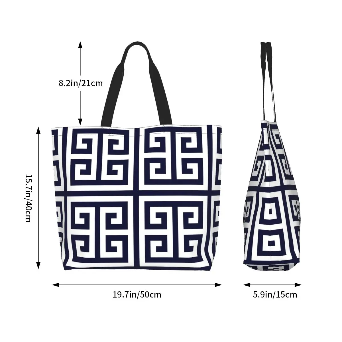 Greek Key Navy Blue And White Pattern Shopping Tote Bag Canvas Large Capacity Shoulder Bags Shopper Grocery Handbag for Women
