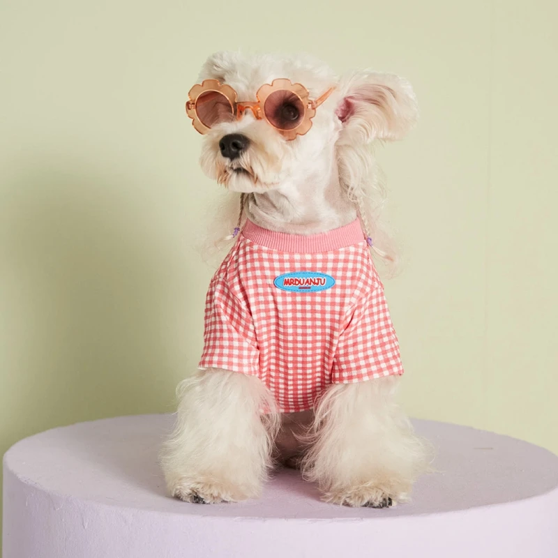 Pakaian kaos kotak-kotak anjing peliharaan pakaian Fashion anjing Super kecil lucu Chihuahua cetak musim semi musim panas Pink anak laki-laki perempuan