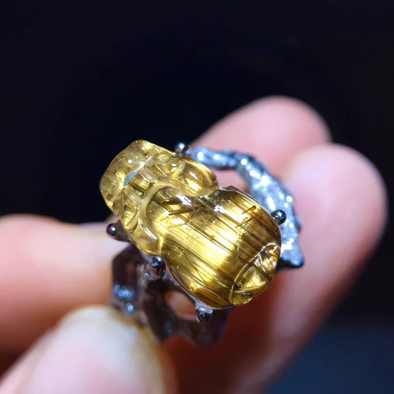 الذهب الطبيعي Rutilated الكوارتز قابل للتعديل حلقة بي شيوى 14.2/8.6 مللي متر زهرة النساء 925 الفضة الأصفر Rutilated الخرز AAAAAA