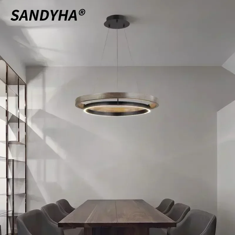 

SANDYHA Nordic Chandelier Living Room Decor Home Led Pendant Lights Kitchen Island Dining Table Lighting Round Wooden Lampshade