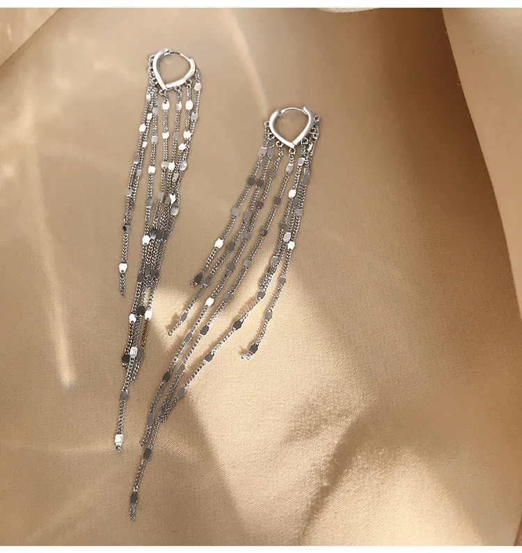 925 Sterling Silver Light Luxury Long Tassel Hoop Earrings Female Temperament Love Heart Gorgeous Handmade Jewelry Wedding Gift view 3