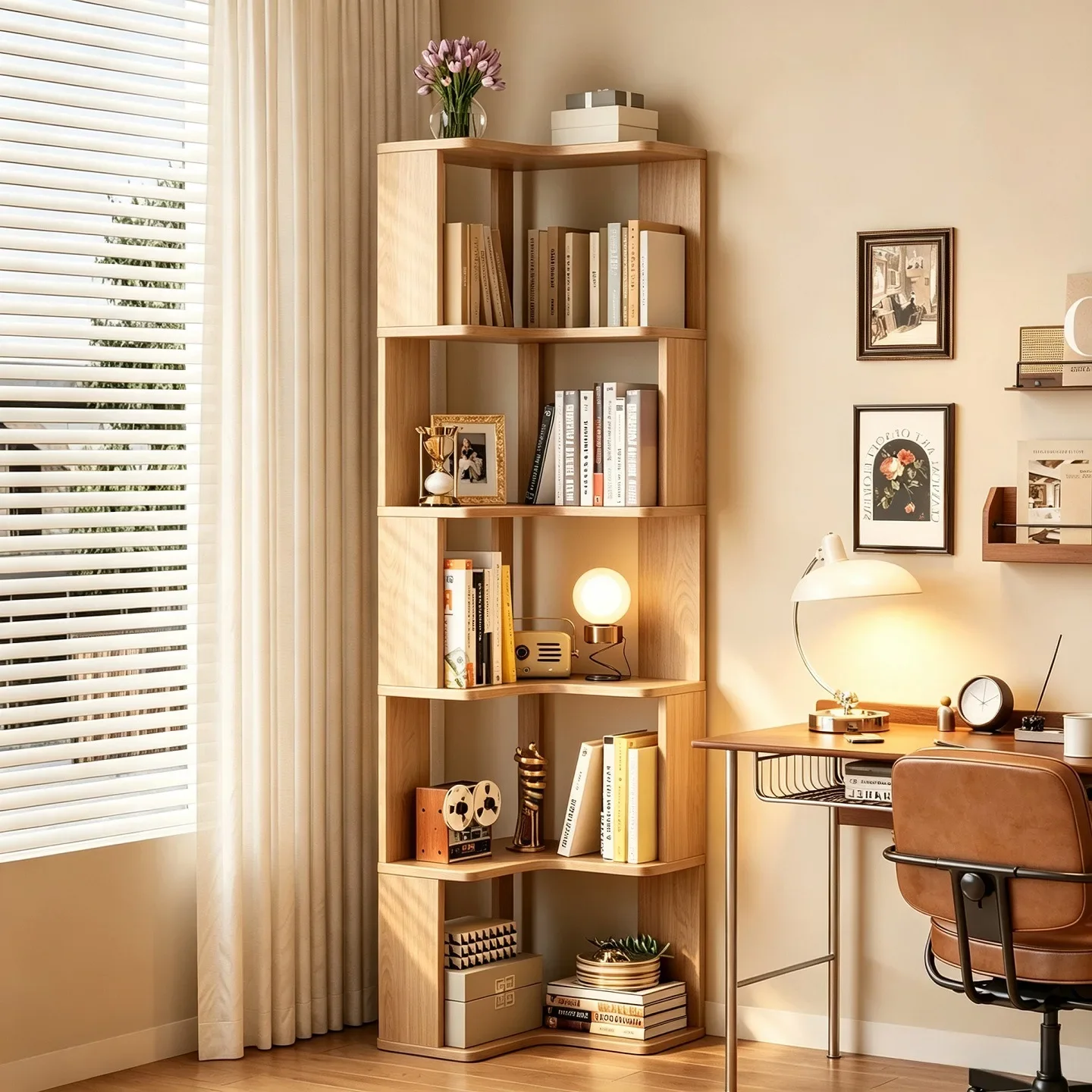 Solid Wood Corner Bookshelf Floor Ceiling Storage Rack Integrated Wall Facing Minimalist Style Bookshelf Home Corner Cabinet