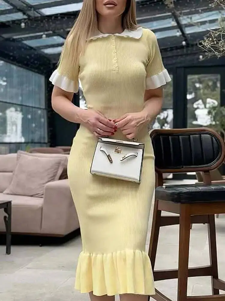 Office Ladies Elegant Button Lapel Shirt Women Spring Solid Rib Knitted Long Dress Summer Short Sleeve Ruffle Slim Dresses