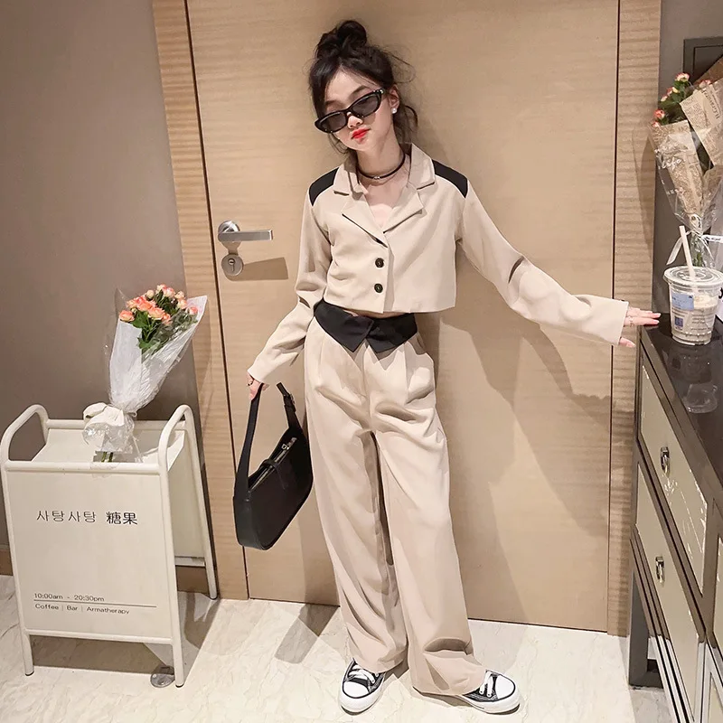 Teen Girls Suit Patchwork Blazer Jacket Wied Leg Pants Two Pieces Kids School Clothes Set Autumn Fashion Children Costumes