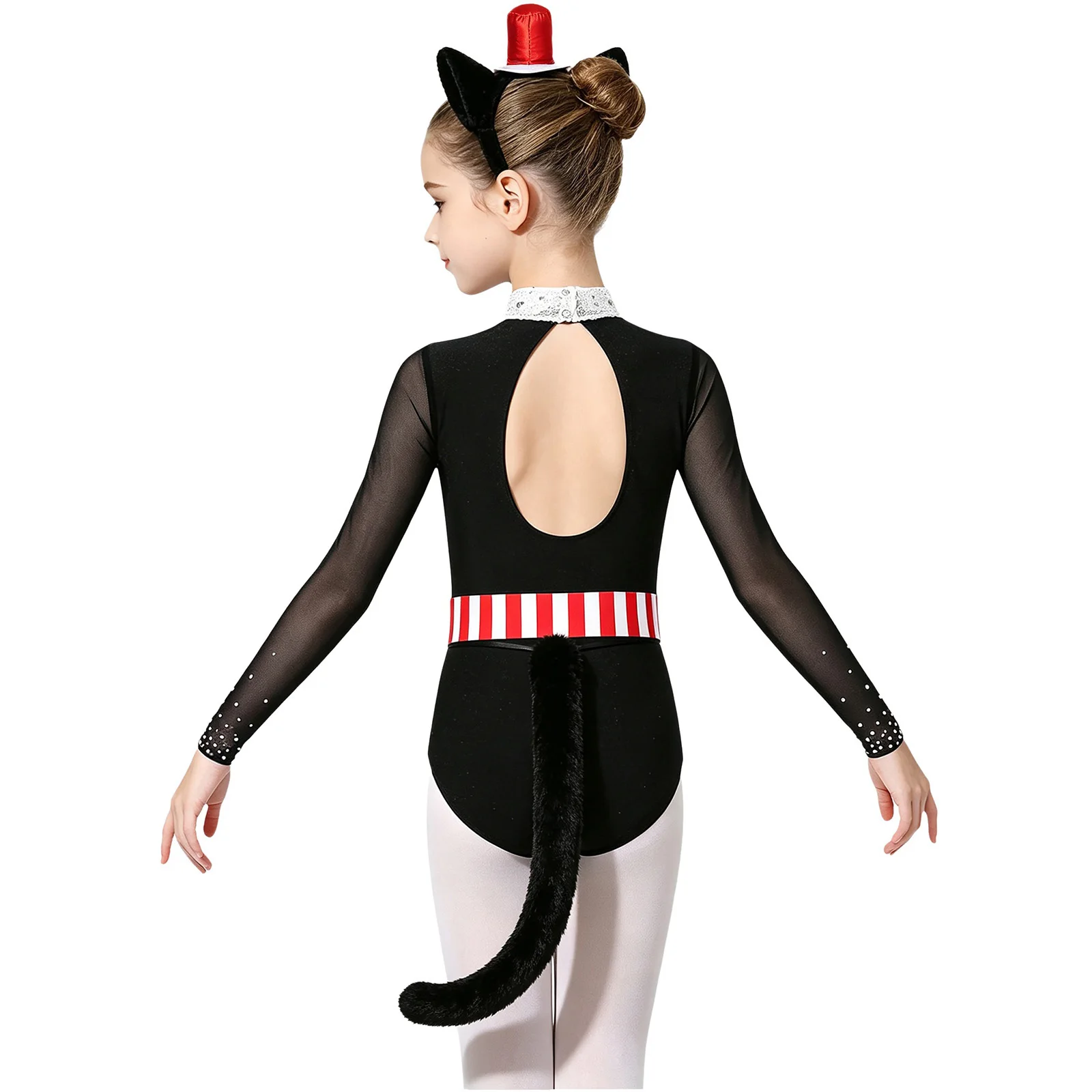 Children Halloween Cat Themed Party Outfit Girls Ringmaster Jumpsuit Long Sleeve Bowknot Sequin Mesh Bodysuit And Hair Hoop Tail
