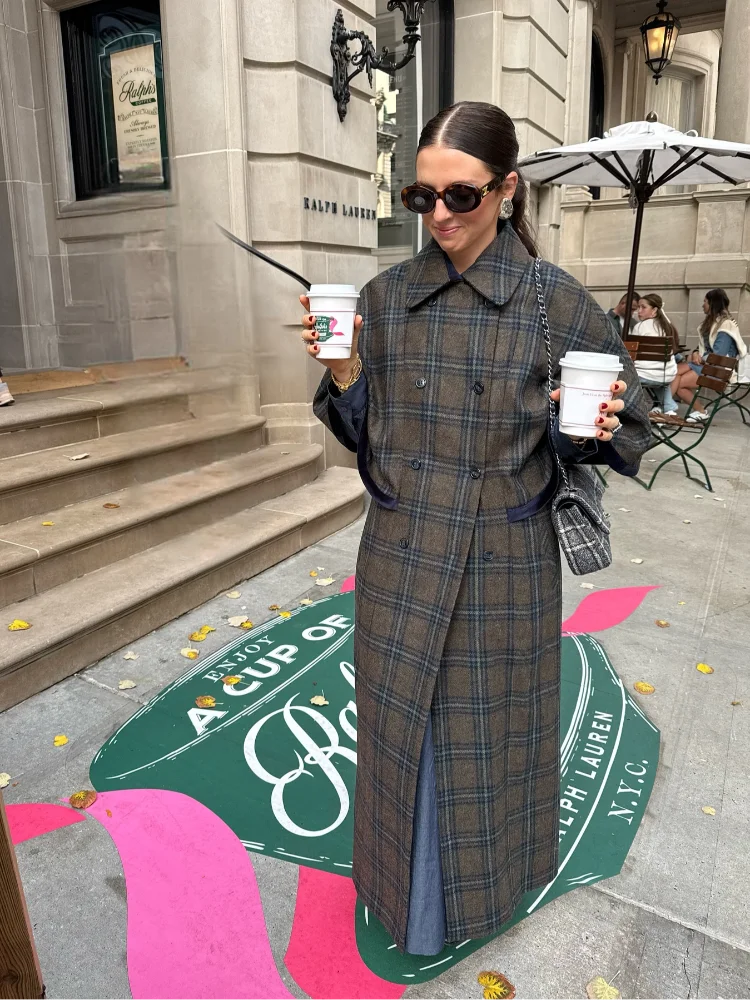 معاطف أنيقة نصف واسعة الأكمام للنساء معطف طويل فضفاض مزدوج الصدر مزدوج الصدر للسيدات موضة خريف 2025 ملابس خارجية للسيدات