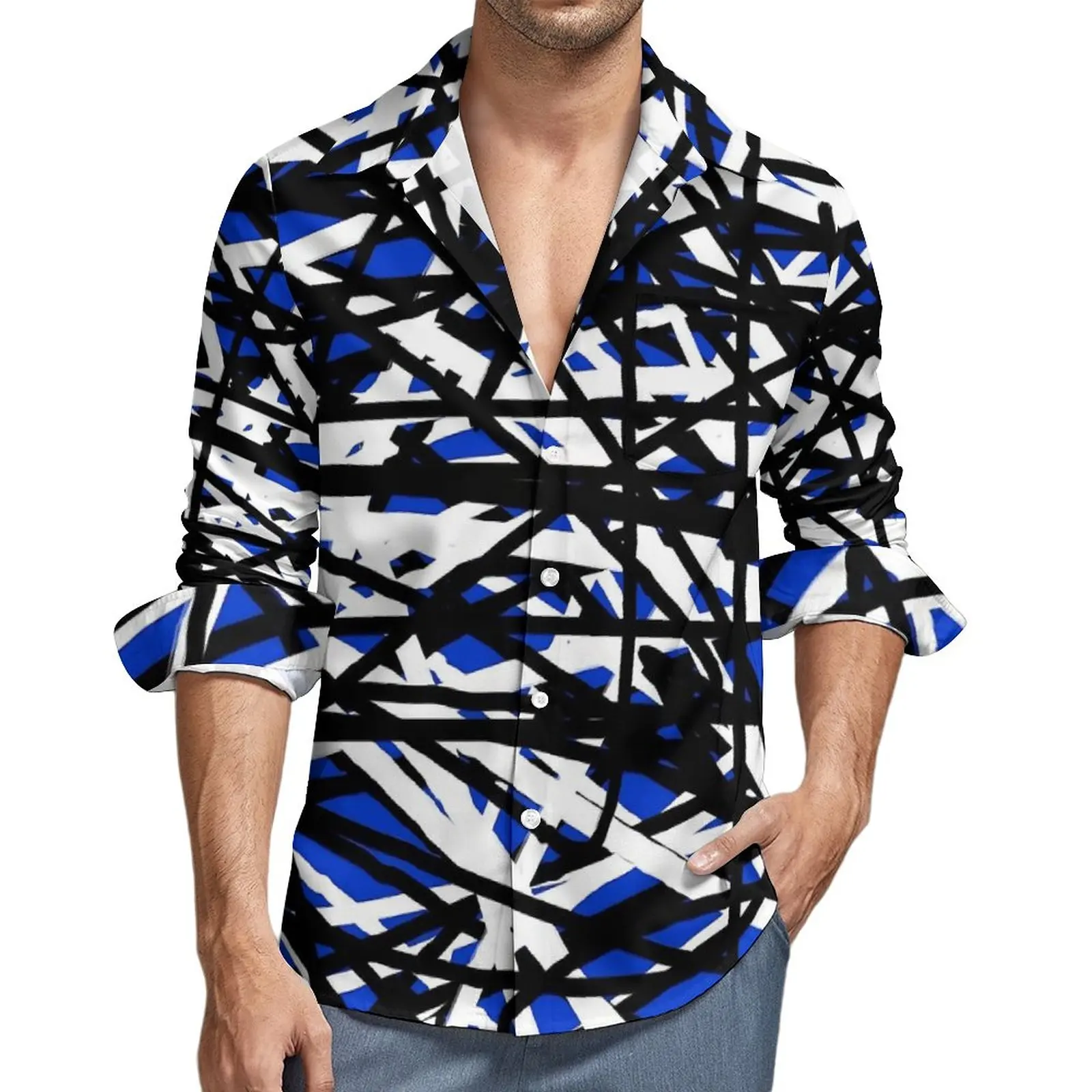 Camisa Vintage de Van Halen para hombre, camisa informal con estampado de líneas, manga larga, ropa elegante, talla grande, sin bolsillos, otoño