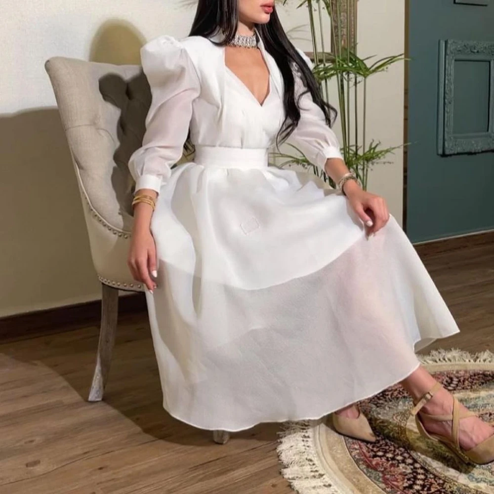 

Carolina V-Neck Puff Sleeves Evening Dresses Women Saudi Arabia White A-Line Tea Length Wedding Guest Elegant Formal Party Gowns