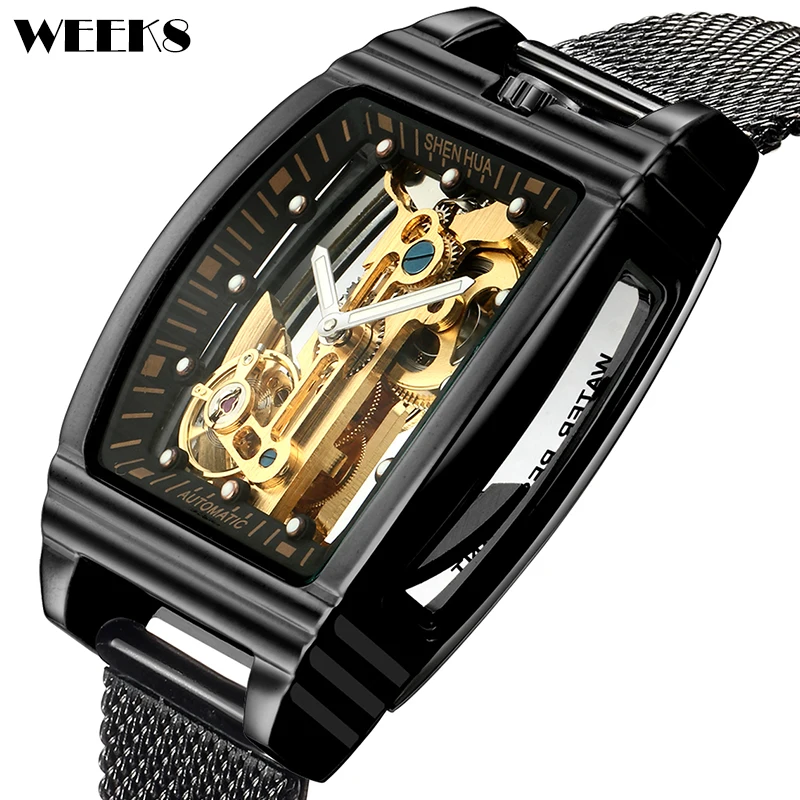 Tourbillon Automatic Mechanical Watch for Men Gold Case Luxury Tonneau Shaped Dial Luminous Brown Male Winding Wristwatch