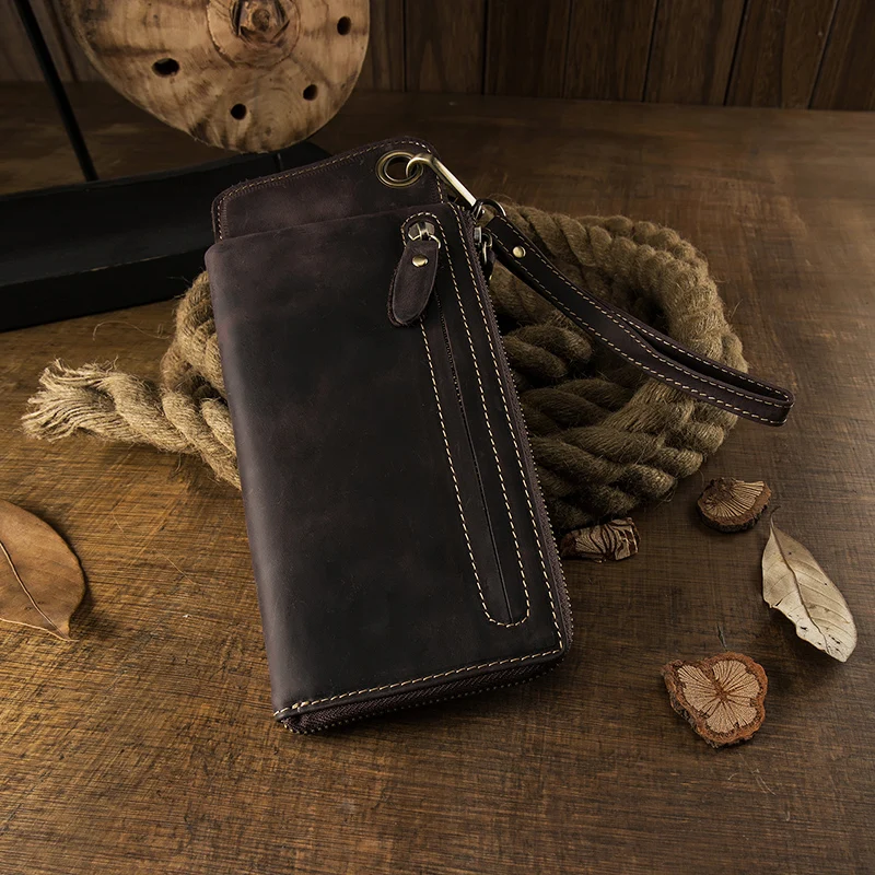 Retro Cowhide Leather Long Wallet Vintage Genuine Leather Money Purse  Multi-function Cards Holder Coin Pocket Money Cash Clip