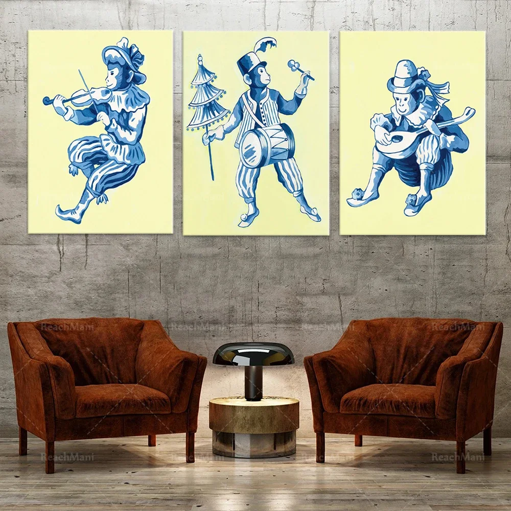 Blue and white chinoiserie monkey and musical instrument poster, chinoiserie art canvas print gift