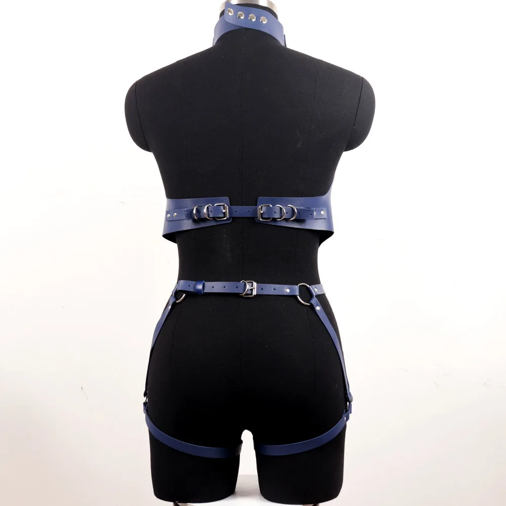 Women Leather Harness Sets Sexy Lingerie Body Bondage Straps Chest Harness Garter Belts Full Body Blue Gothic Suspenders view 2