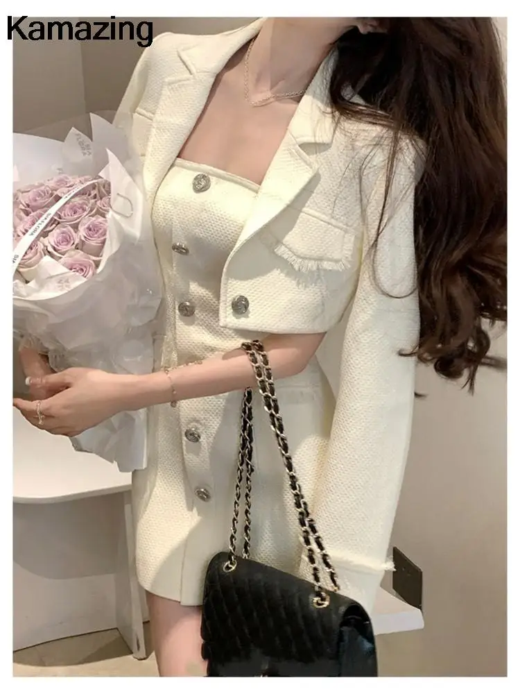 Elegant Autumn New Tweed Two-piece Set Women Long Sleeve Short Jacket Strapless Bodycon Mini Dress Korean Fashion Luxury Outfits