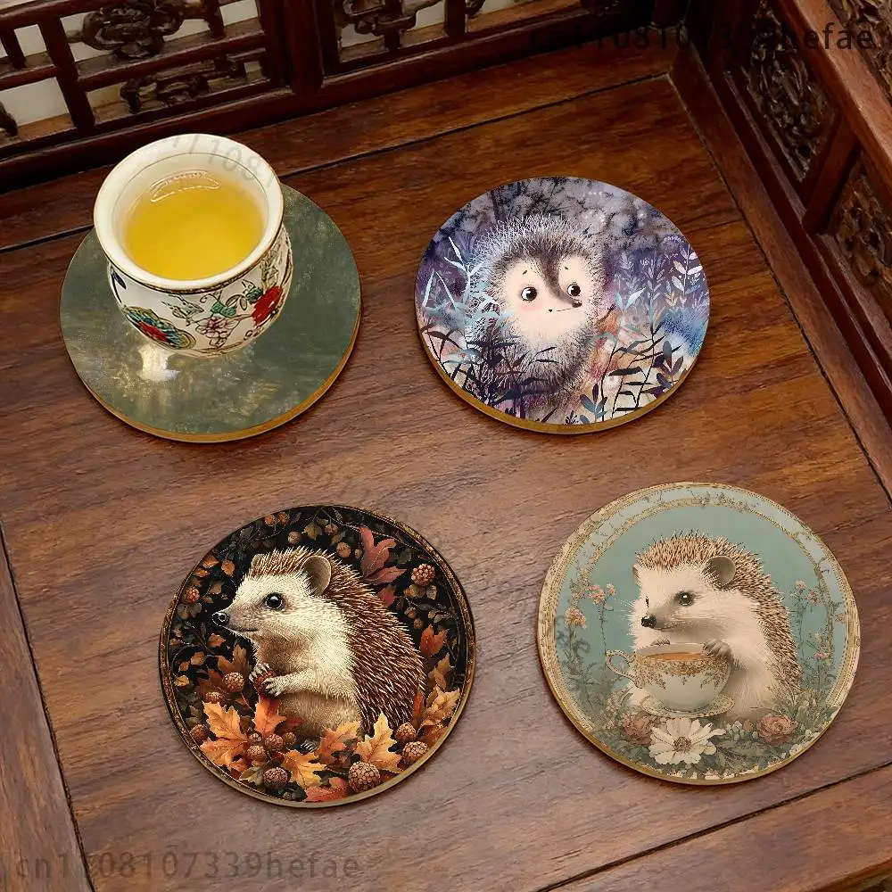 Retro Vintage Hedgehog Round Wooden Coaster 4 Inch Heat-Resistant Anti-skidding Home Party Theme Decor Photo Props Gifts