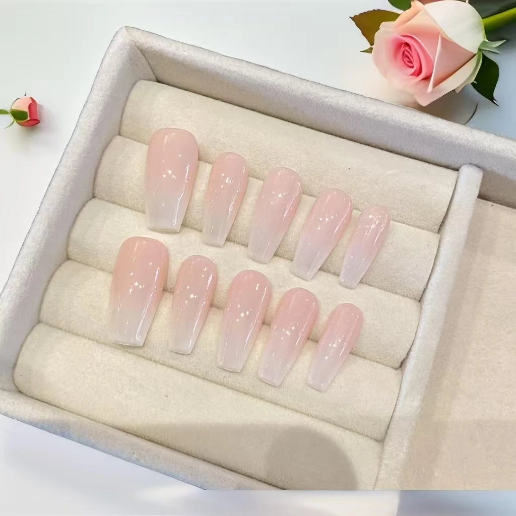 

10 шт. гелевые ногти ручной работы, многоразовые телесные ногти с эффектом омбре, глянцевая отделка, с инструментами из 4 предметов, сверхпрочные клейкие вкладки для ногтей