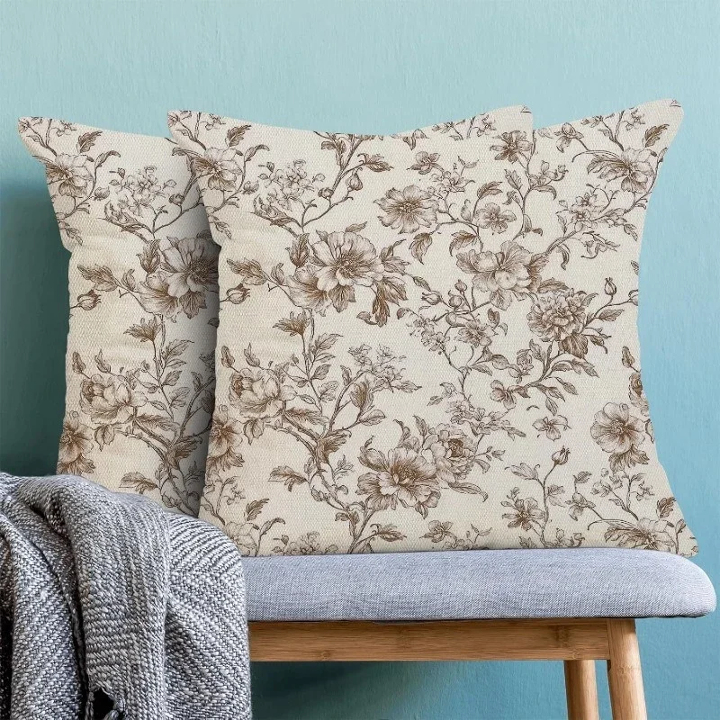 2pc Vintage Floral Throw Pillow Covers Set of 2, Neutral Botanical Farmhouse Decorative Square Cushion Cases for Sofa Bedroom